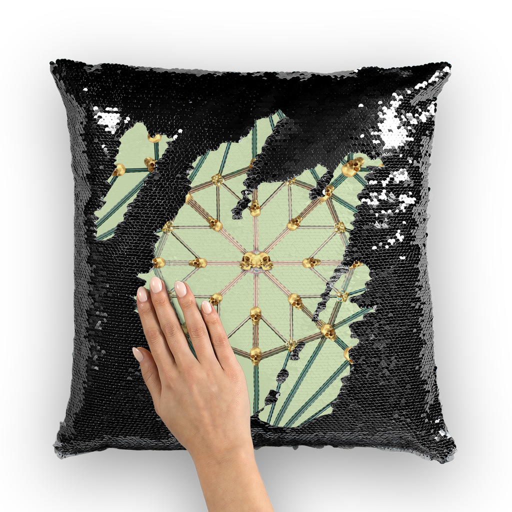 Skull Cathedral- French Gothic Sequin Pillowcase or Throw Pillow in Pale Green | Le Leanian™