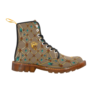 Golden Skull & Teal Stars- Women's French Gothic Combat  Boots in Neutral Camel | Le Leanian™