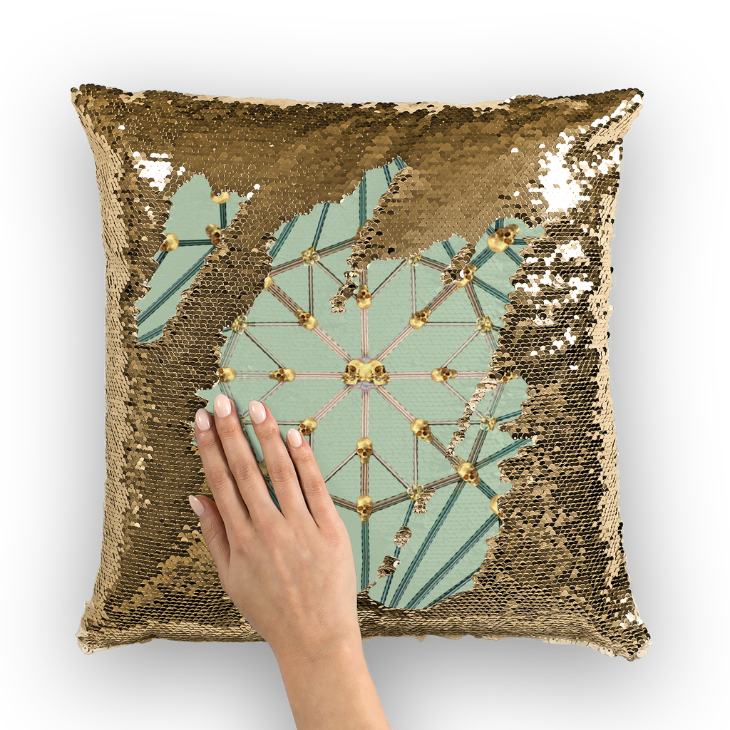 Cathedral Skull Pattern- Gold Sequin Pillow Case- Throw Pillow in Color Pastel Blue, Quail Egg Blue
