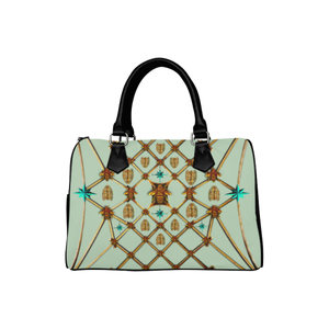 Women's Handbag-Boston Bag- Gold Bee & Ribs Pattern in Color Pastel Blue, BLUE