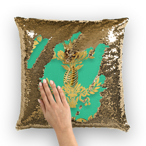 Gold Sequin Pillow Case-Throw Pillow-Gold WREATH, GOLD SKULL-Color Bold JADE TEAL, GREEN, AQUA