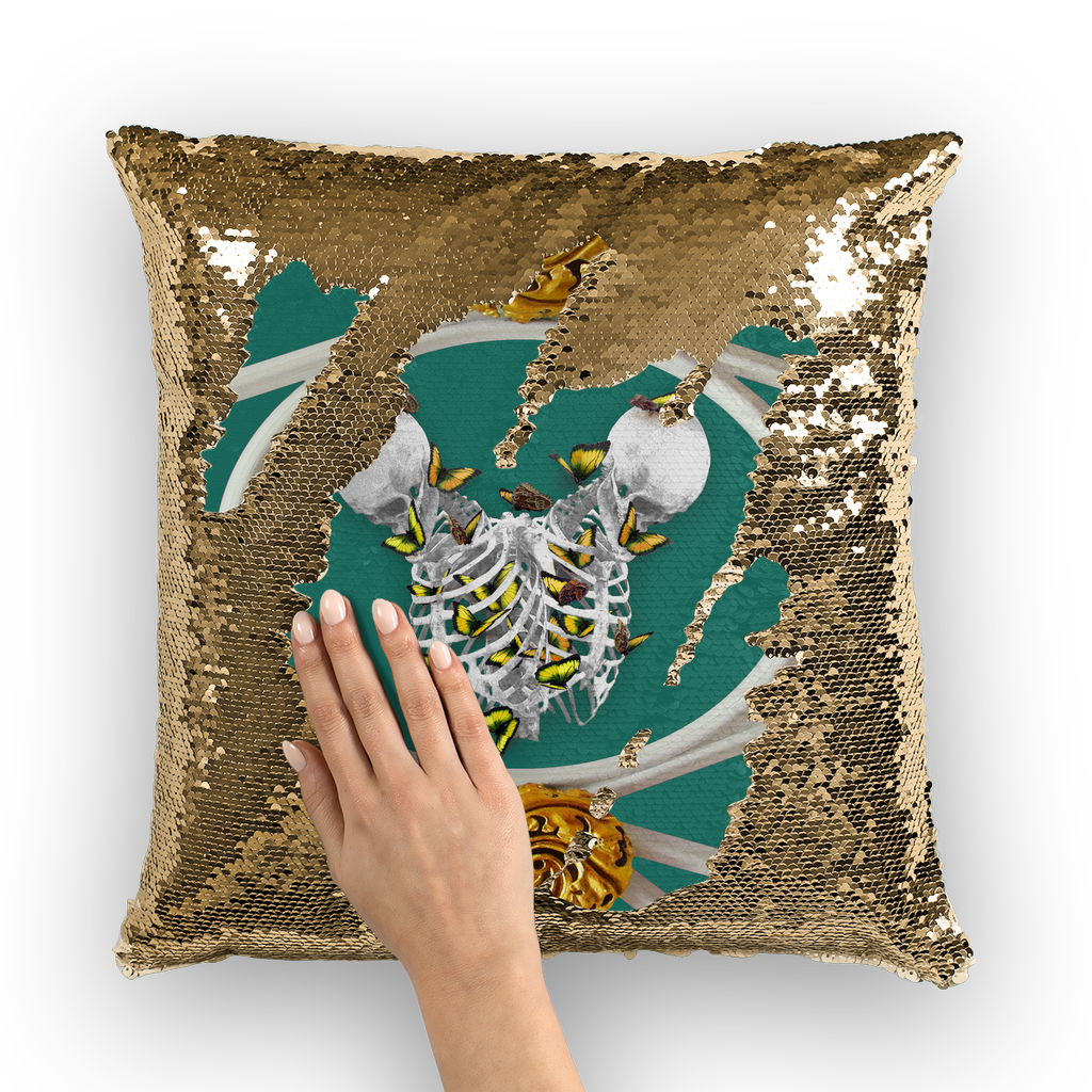 Versailles Gilded Skull Divergence Golden Whispers- French Gothic Sequin Pillowcase or Throw Pillow in Jade Teal | Le Leanian™