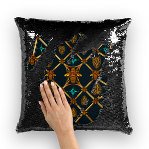 Bee Divergence Gilded Bees & Ribs Teal Stars- French Gothic Sequin Pillowcase or Throw Pillow in Midnight Teal | Le Leanian™