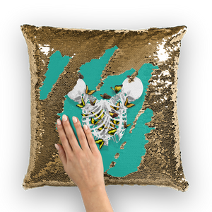 French Gothic Siamese Skeletons with Gold Butterflies coming out The Rib cage-Bright Teal Blue Green