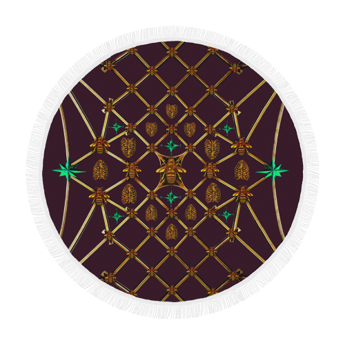 Bee Divergence Gilded Ribs & Jade Stars- Circular French Gothic Medallion Beach Throw in Eggplant Wine | Le Leanian™