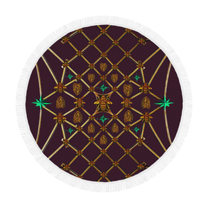 Bee Divergence Gilded Ribs & Jade Stars- Circular French Gothic Medallion Beach Throw in Eggplant Wine | Le Leanian™