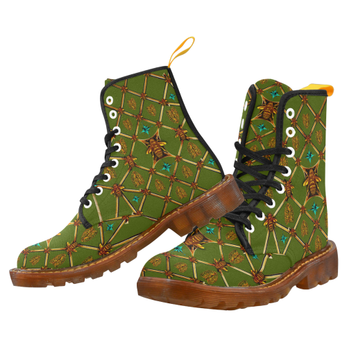 Women's Gilded Honey Bee and Ribs Pattern- Military Marten Style Lace-Up Boots- in Color Bold Olive Green, Green