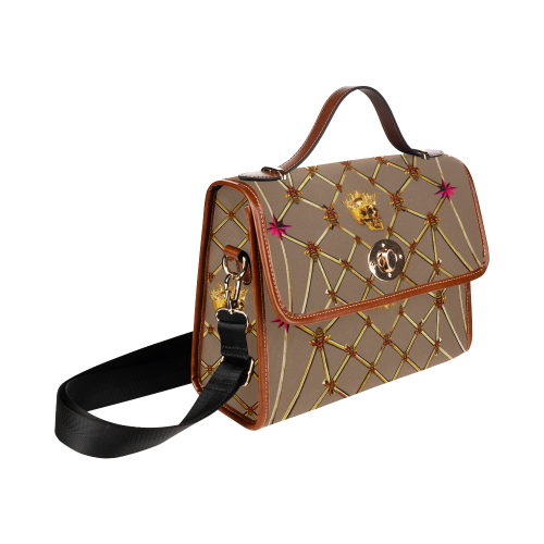 Skull & Magenta Stars- Classic French Gothic Mini Brief Handbag in Neutral Camel | Le Leanian™