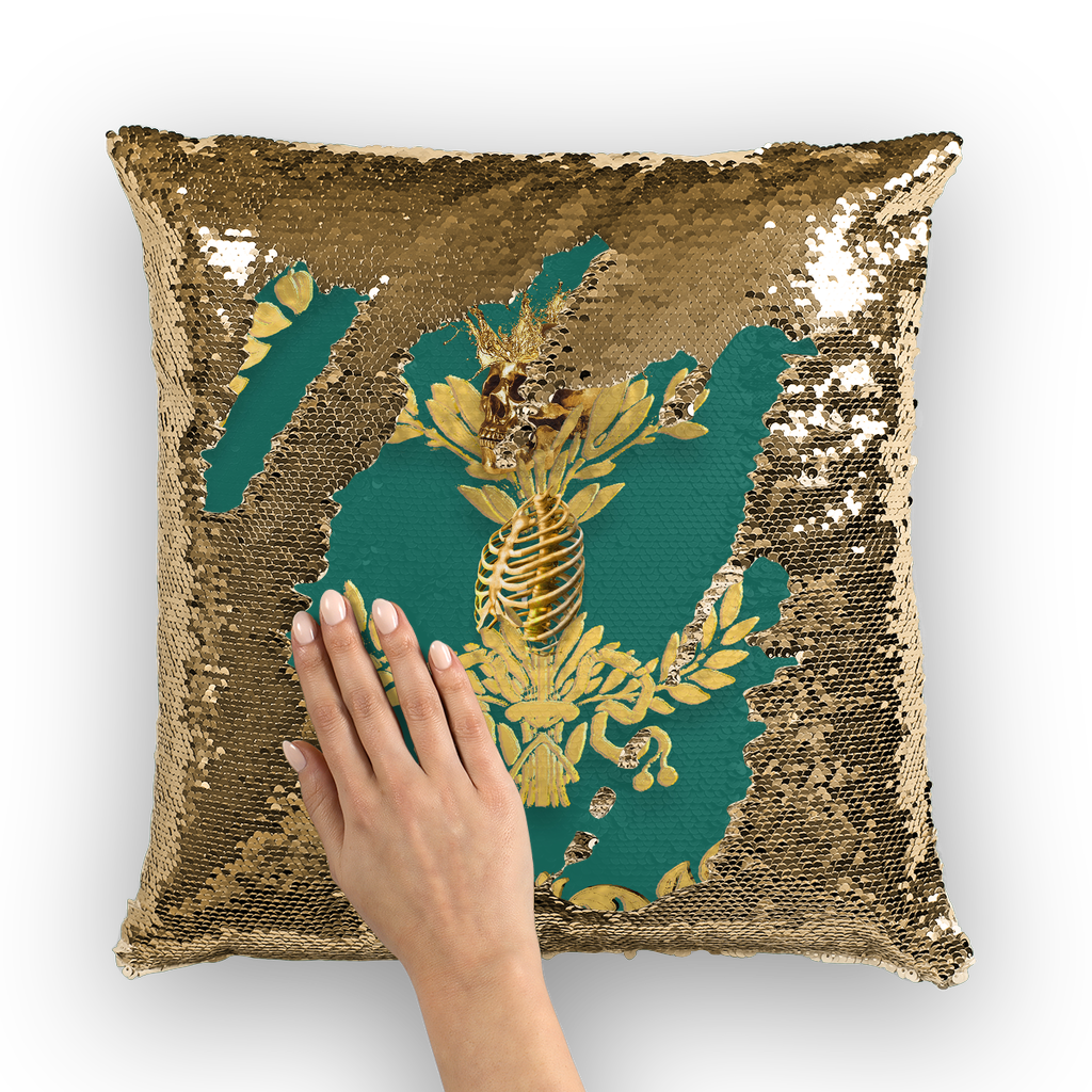 Caesar Skull Relief- French Gothic Sequin Pillowcase or Throw Pillow in Jade | Le Leanian™