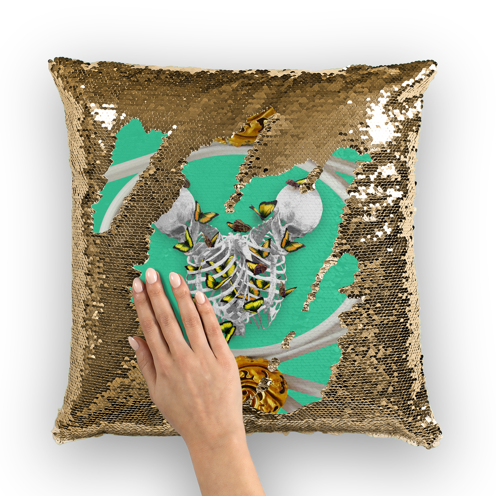 Versailles Siamese Skeletons with Gold Butterfly Rib Cage-Gold sequin Pillowcase-Blue Green Teal