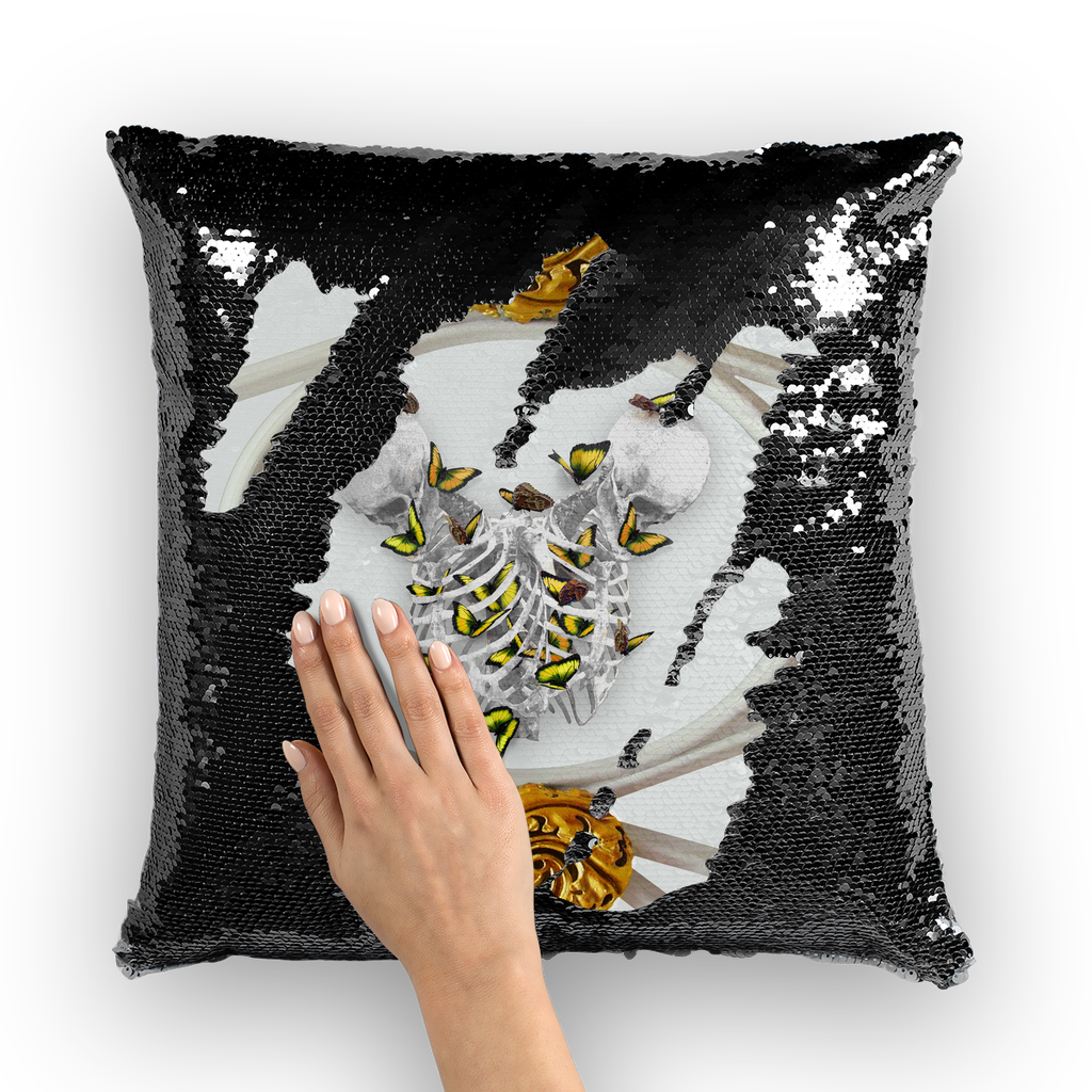 Versailles Gilded Skull Divergence Golden Whispers- French Gothic Sequin Pillowcase or Throw Pillow in Lightest Gray | Le Leanian™