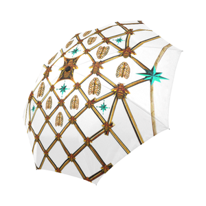 Bee Divergence Gilded Ribs & Teal Stars- Semi & Auto Foldable French Gothic Umbrella in White | Le Leanian™
