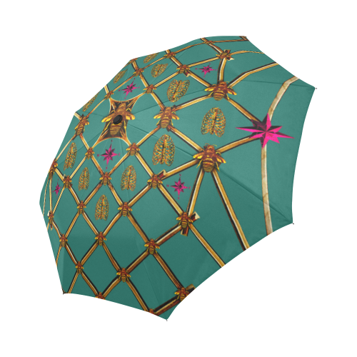 Bee Divergence Gilded Ribs & Magenta Stars- Semi & Auto Foldable French Gothic Umbrella in Jade | Le Leanian™