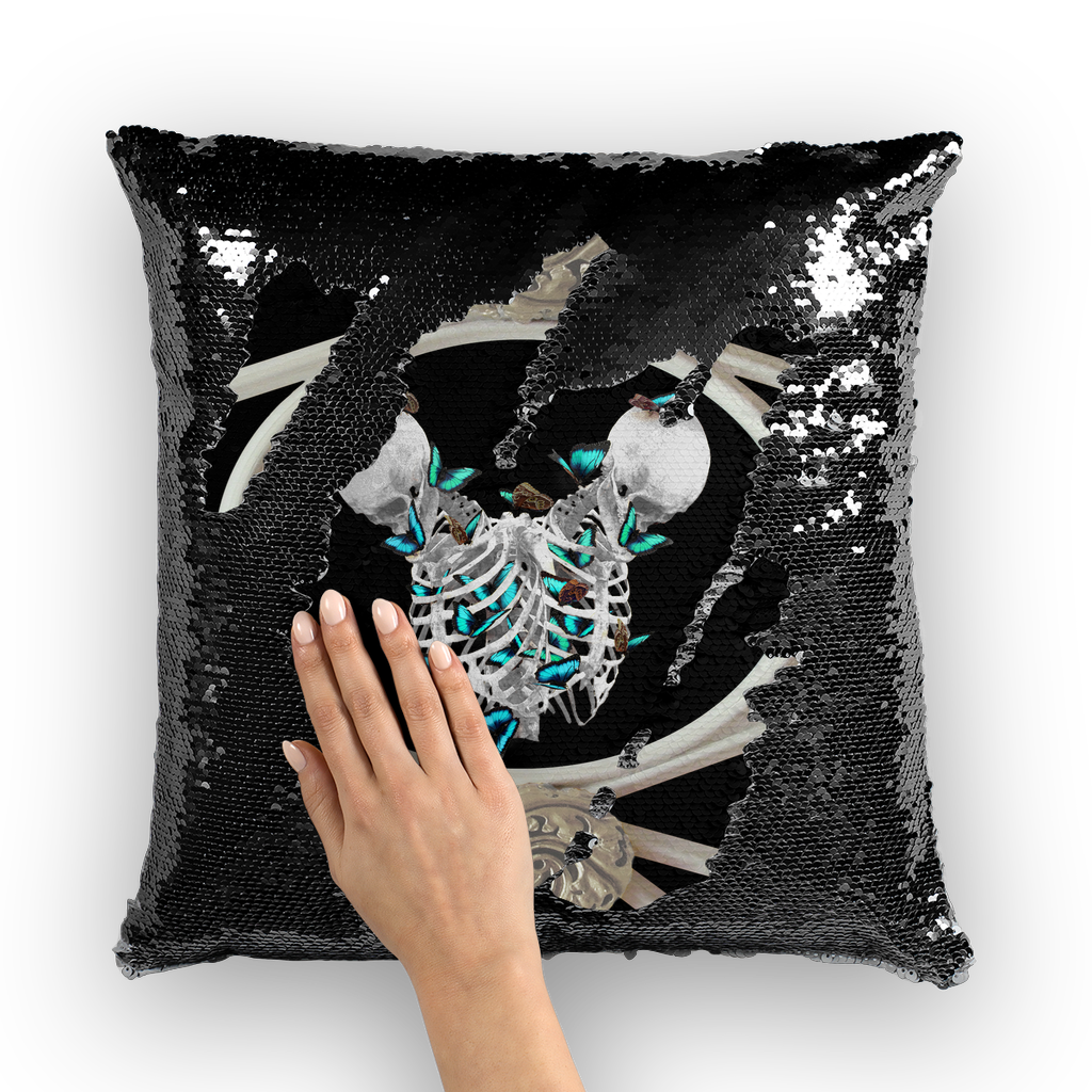 Versailles Divergence Skull Teal Whispers- French Gothic Sequin Pillowcase or Throw Pillow in Back to Black | Le Leanian™
