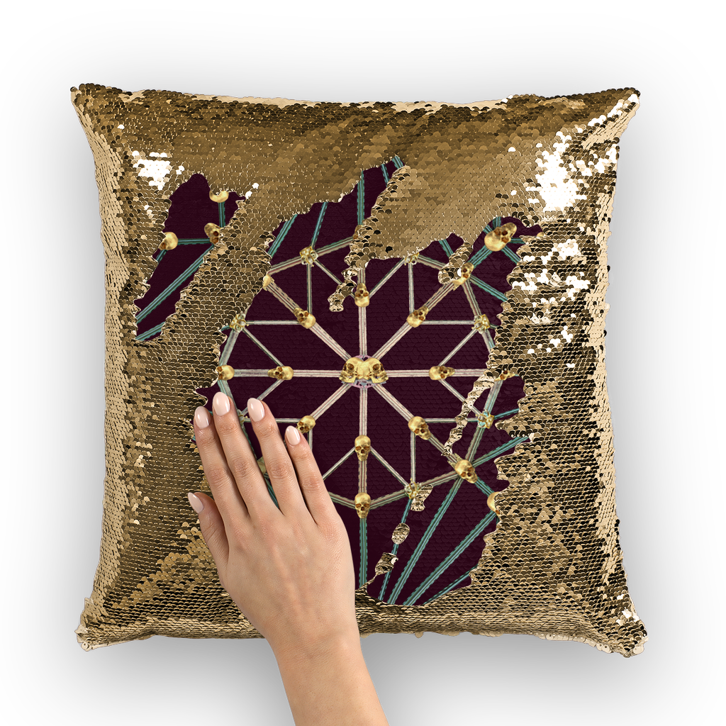 Cathedral Skull Pattern- Gold Sequin Pillow Case- Throw Pillow in Color Eggplant, Eggplant Wine, Wine Red