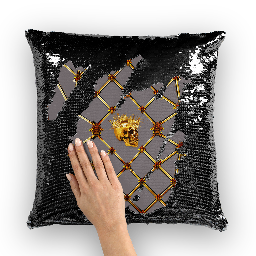 Golden Skull & Teal Star- French Gothic Sequin Pillowcase or Throw Pillow in Lavender Steel | Le Leanian™
