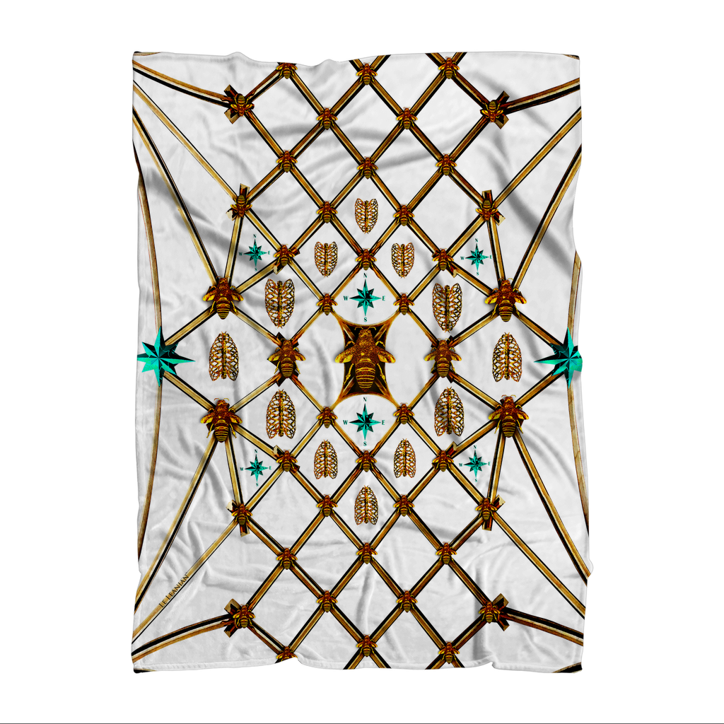 Gilded Bees & Jade Stars- Classic French Gothic Fleece Blanket in White | Le Leanian™
