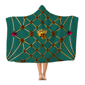 Gold Skull and Honey Bee- Magenta Stars- Classic Hooded Blanket in Jade Teal, Teal, Blue, Green