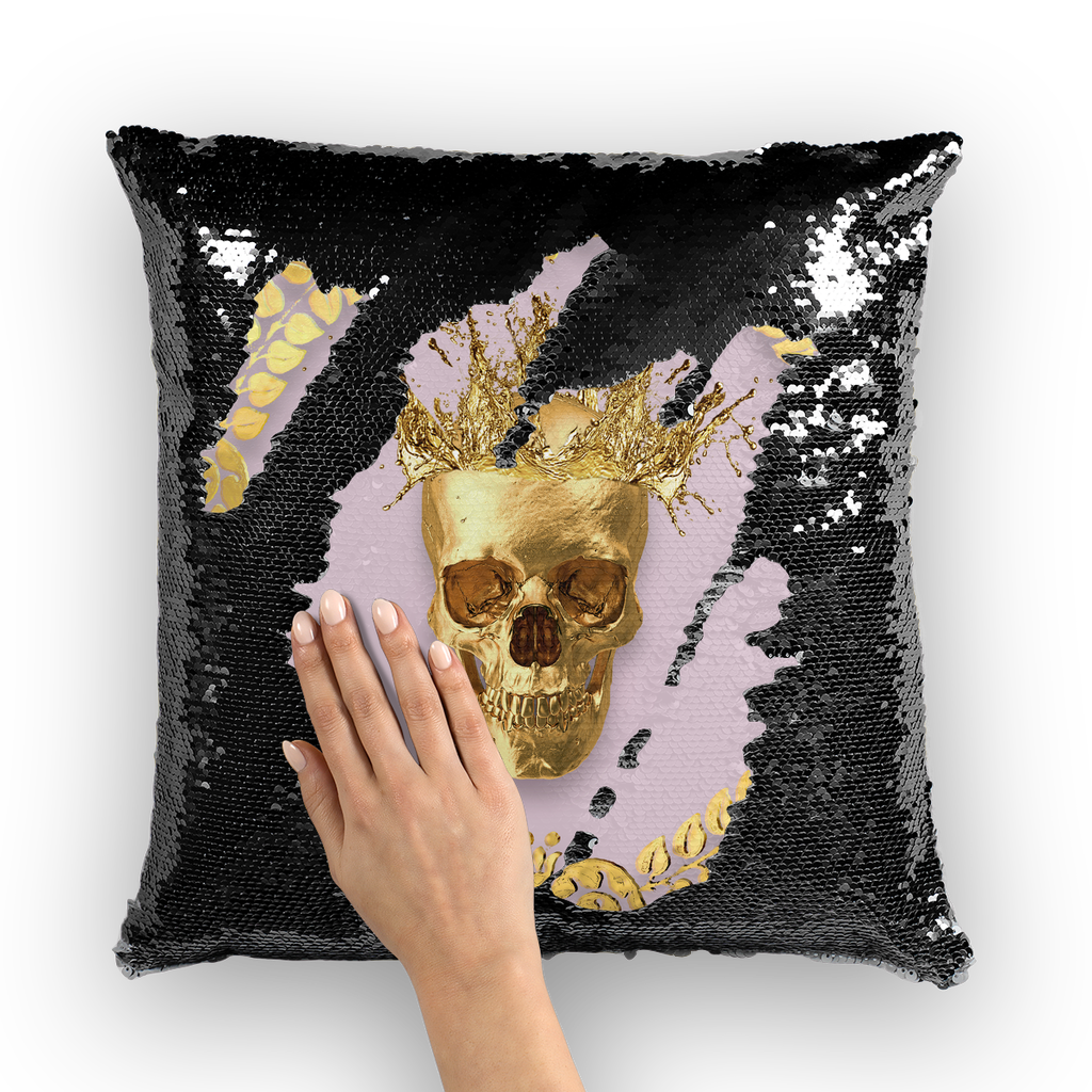 Caesar Gilded Skull- French Gothic Sequin Pillowcase or Throw Pillow in Nouveau Blush Taupe | Le Leanian™