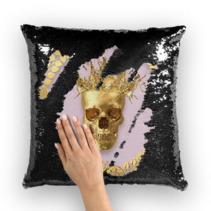 Caesar Gilded Skull- French Gothic Sequin Pillowcase or Throw Pillow in Nouveau Blush Taupe | Le Leanian™