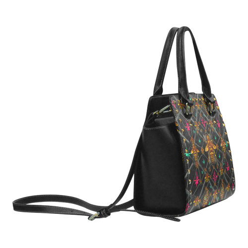 Bee Divergent Abstract- Classic French Gothic Riveted Satchel Handbag in Back to Black | Le Leanian™