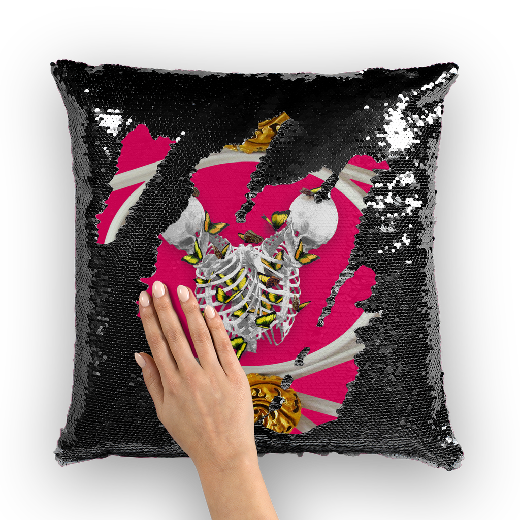 Versailles Gilded Skull Divergence Golden Whispers- French Gothic Sequin Pillowcase or Throw Pillow in Bold Fuchsia | Le Leanian™