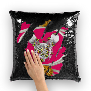 Versailles Gilded Skull Divergence Golden Whispers- French Gothic Sequin Pillowcase or Throw Pillow in Bold Fuchsia | Le Leanian™