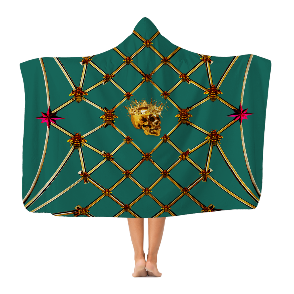 Skull Gilded Honeycomb & Magenta Stars- Adult & Youth Hooded Fleece Blanket in Jade | Le Leanian™