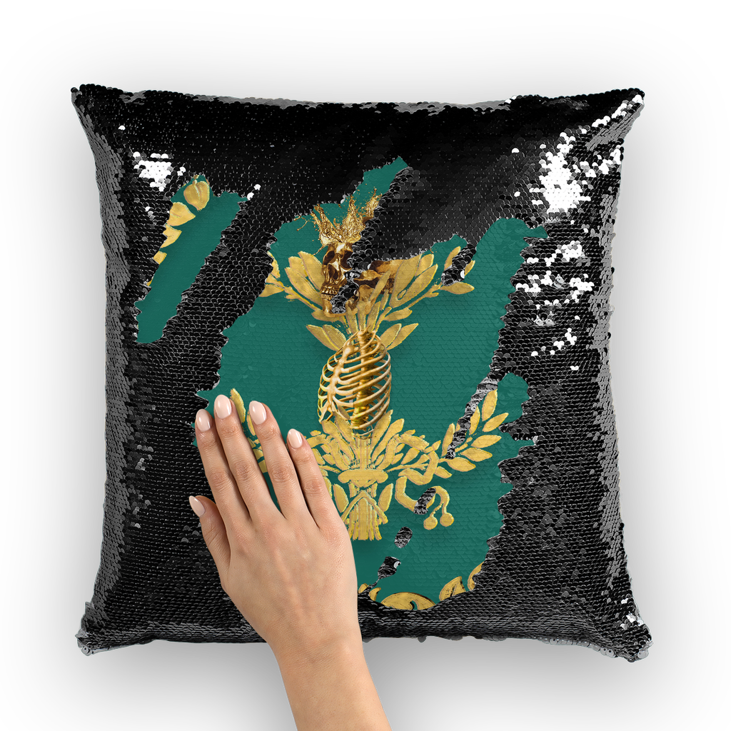 Caesar Skull Relief- French Gothic Sequin Pillowcase or Throw Pillow in Jade | Le Leanian™