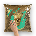 Gold Sequin Pillow Case-Gold Skull-Gold WREATH in color Bright JADE TEAL, AQUA, TEAL, GREEN BLUE