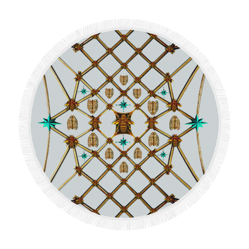 Bee Divergence Gilded Ribs & Teal Stars- Circular French Gothic Medallion Beach Throw in Lightest Gray |  Le Leanian™