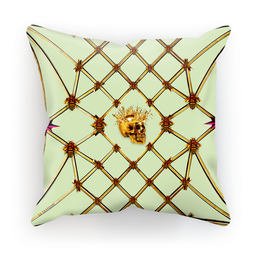 Golden Skull & Magenta Stars- French Gothic Satin & Suede Pillowcase in Pale Green | Le Leanian™