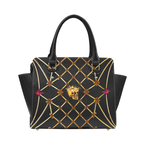 Skull and Honey Bee-Honeycomb Pattern-Magenta Stars- Classic Satchel Hand Bag in Color Black