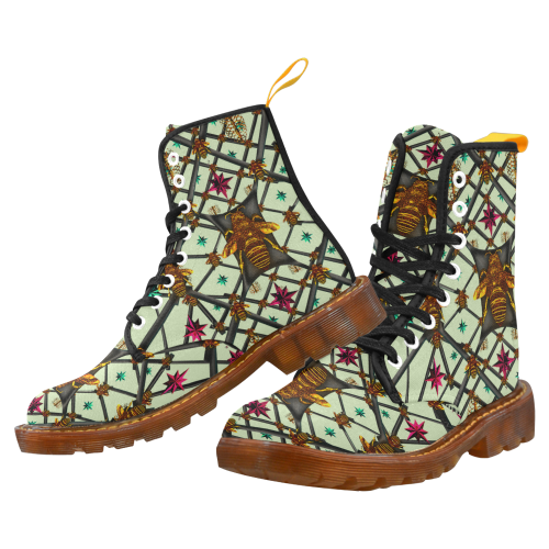 Women's Marten Style Military Boot-ABSTRACT MULTI COLOR HONEY BEE and RIBS PATTERN-Color PASTEL GREEN
