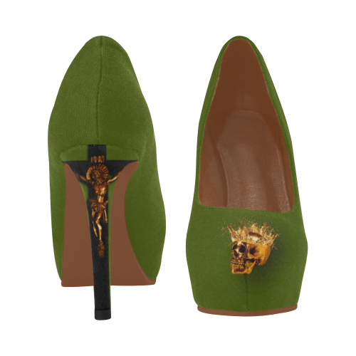 Dripping in Gold Skull & Cross- Women's French Gothic Heels in Bold Olive | Le Leanian™