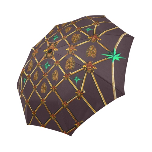 Bee Divergence Gilded Ribs & Jade Stars- Auto & Semi Auto Foldable French Gothic Umbrella in Muted Eggplant Wine | Le Leanian™