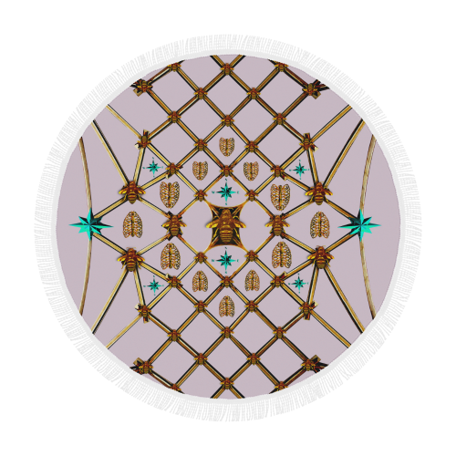 Bee Divergence Gilded Ribs & Teal Stars- Circular French Gothic Medallion Beach Throw in Nouveau Blush Taupe | Le Leanian™