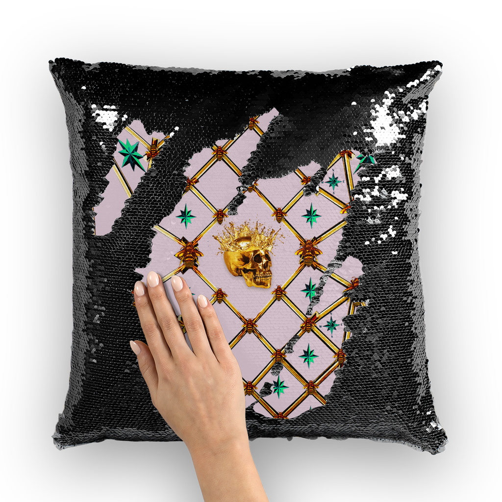 Golden Skull & Jade Stars- French Gothic Sequin Pillowcase or Throw Pillow in Nouveau Blush Taupe | Le Leanian™