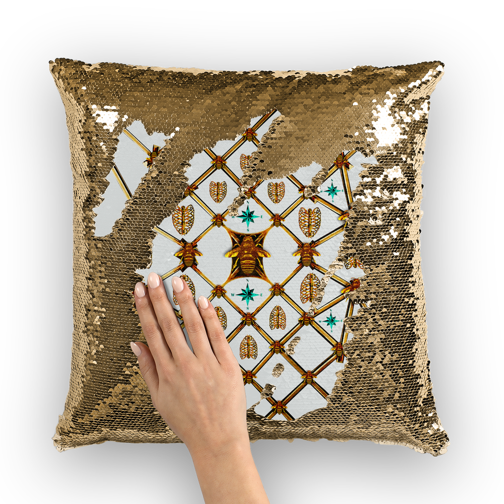 Sequin Gold Pillowcase & Throw Pillow-French Gothic Honey Bee & Rib Print- Light Gray