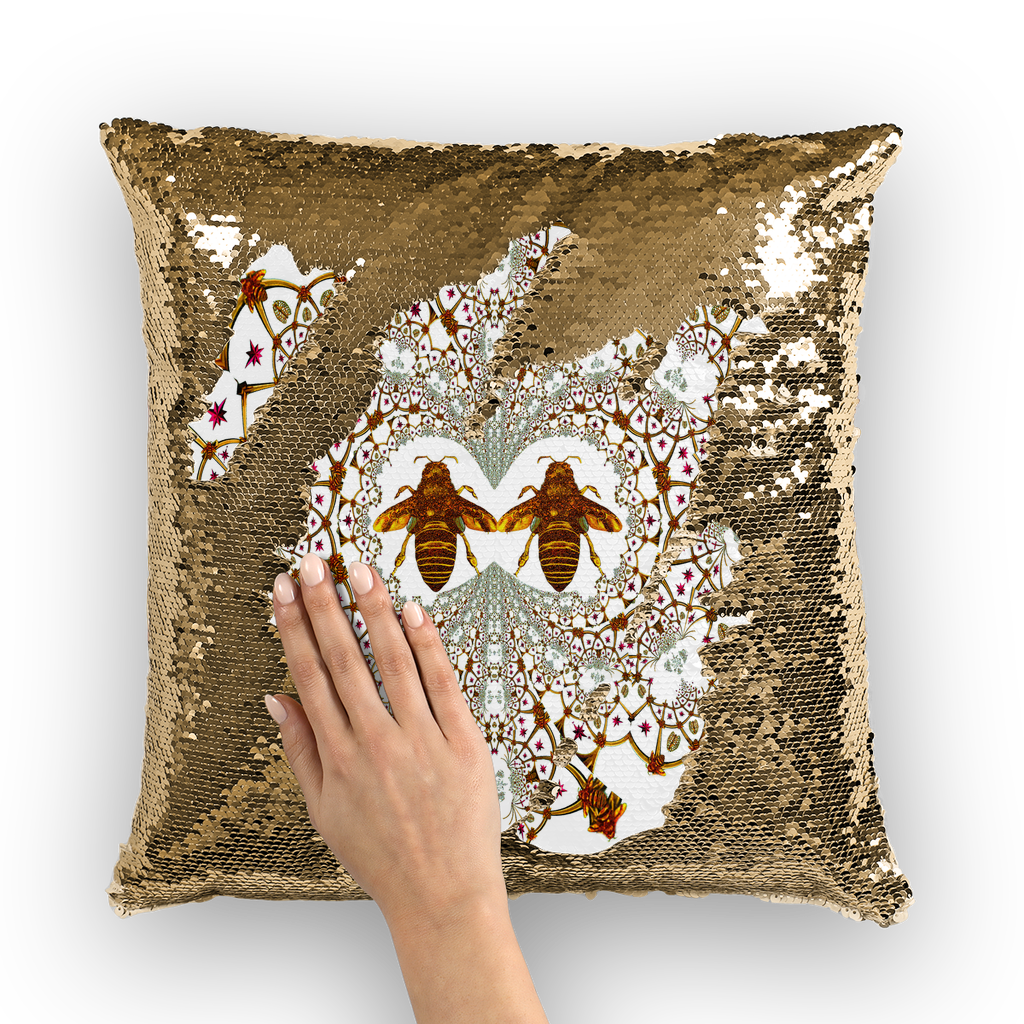 Sequin Gold & BLACK PILLOW CASE-Throw PILLOW-Baroque Bee Pattern-Color White
