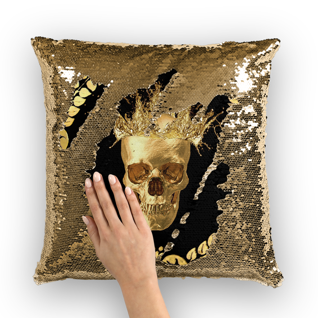 Gold Sequin Pillow Case-Gold Skull-Gold WREATH in color BLACK