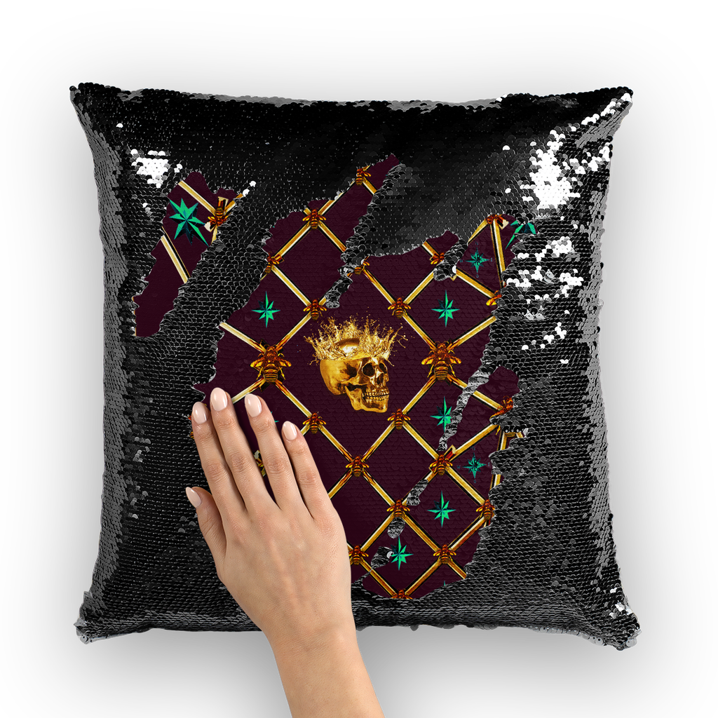 Golden Skull & Jade Stars- French Gothic Sequin Pillowcase or Throw Pillow in Eggplant Wine | Le Leanian™