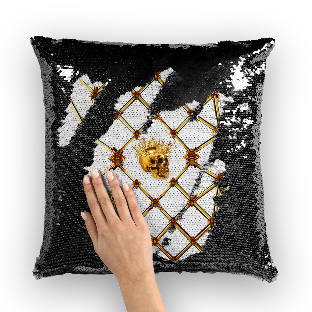 Golden Skull &  Star- French Gothic Sequin Pillowcase or Throw Pillow in Lightest Gray | Le Leanian™