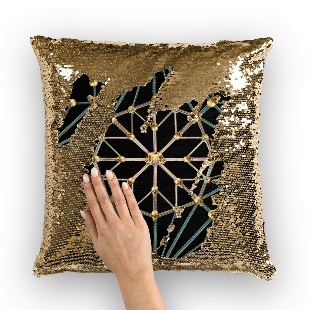 Cathedral Skull Pattern- Gold Sequin Pillow Case- Throw Pillow in Color Black