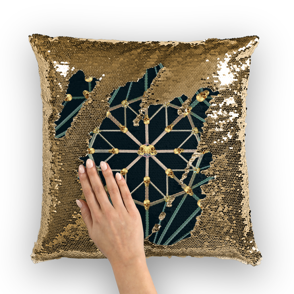 Skull Cathedral- French Gothic Sequin Pillowcase or Throw Pillow in Midnight Teal | Le Leanian™