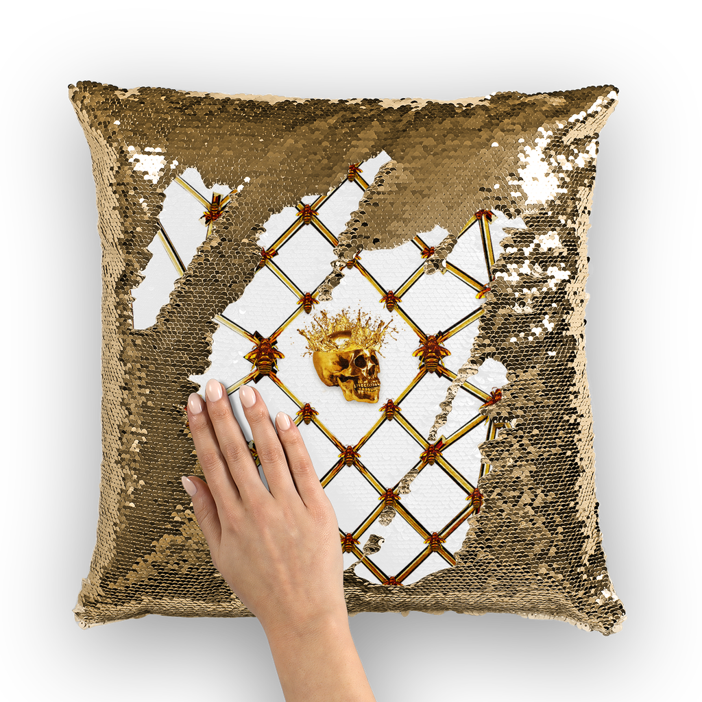 Gold Skull and Magenta Star-Honey Bee Pattern- Sequin Pillow Case, Cushion Cover-Throw Pillow in Color White