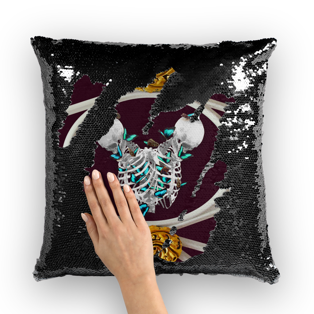 Versailles Gilded Skull Divergence Golden Whispers-French Gothic Sequin Pillowcase or Throw Pillow in Eggplant Wine | Le Leanian™