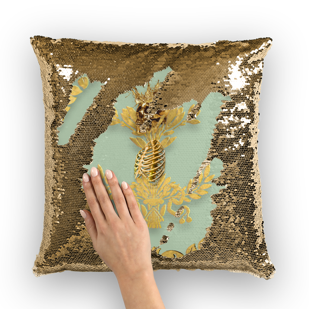 Gold Sequin Pillow Case-Throw Pillow-Gold WREATH, GOLD SKULL-Color PASTEL BLUE