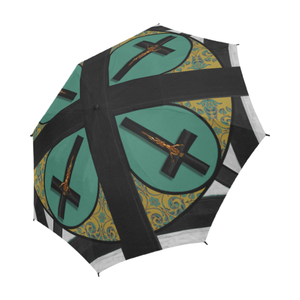 The Crossroad Crucifix- Semi Auto & Auto Foldable French Gothic Umbrella in Jade Teal | Le Leanian™