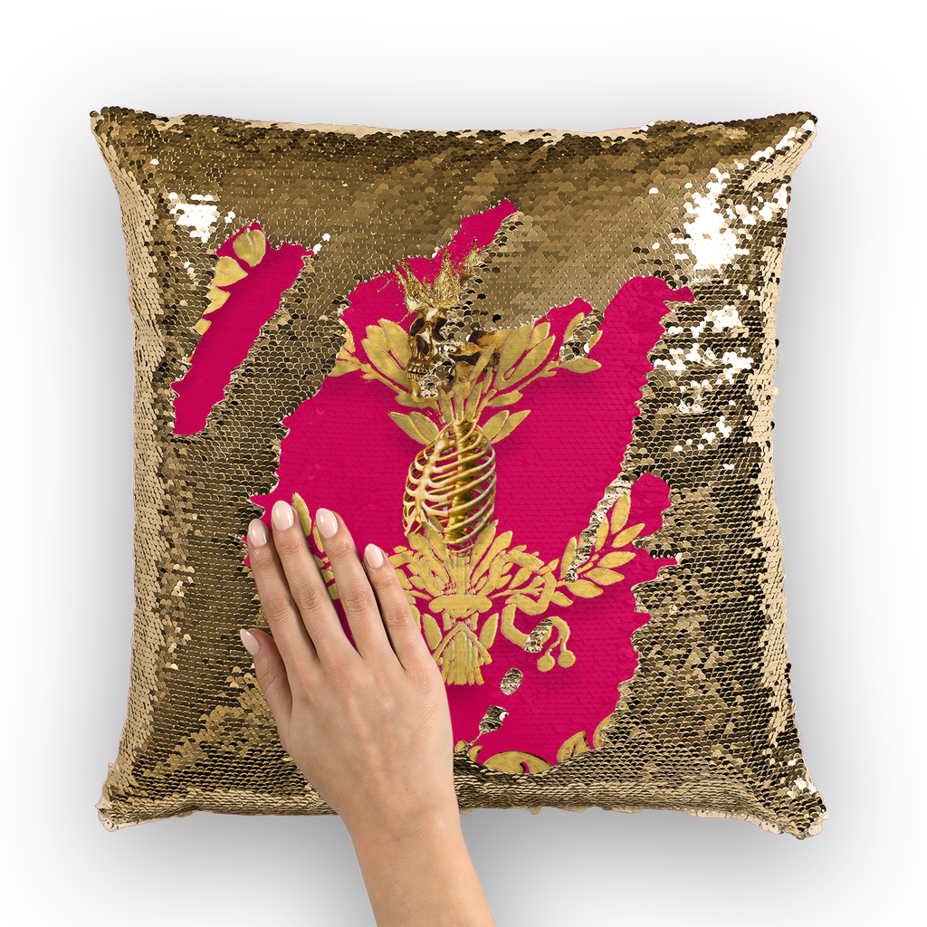 Gold Sequin Pillow Case-Throw Pillow-Gold WREATH, GOLD SKULL-Color BRIGHT PINK
